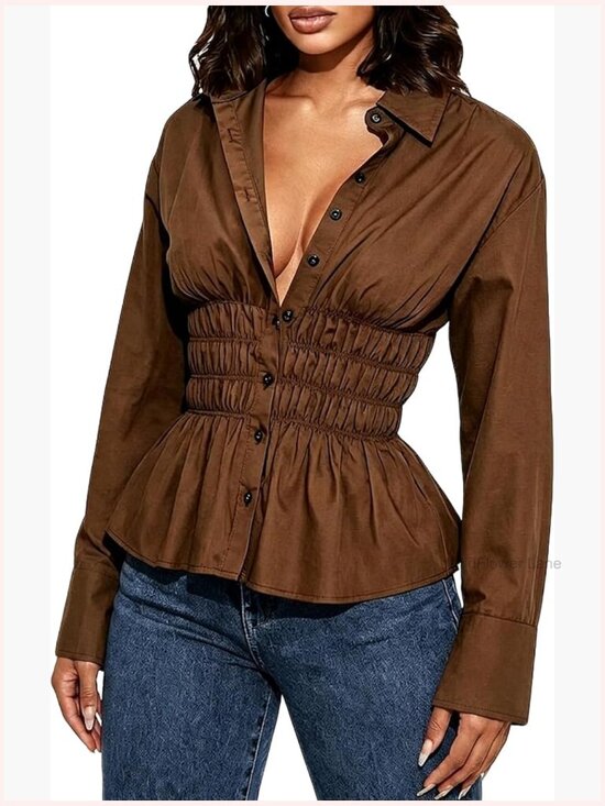 Tops - Women Long Sleeve Button Down Fitted Shirts Collared Cinched Waist Tops Office